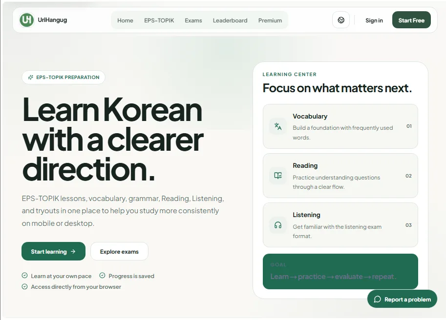 UriHangug learning platform homepage and course dashboard